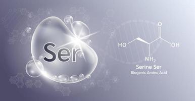 Water drop Important amino acid Serine Ser and structural chemical formula. Lysine on a grey background. Serine and scientific concepts. 3D Vector Illustration.