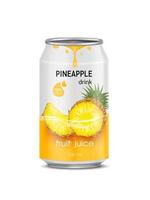 Pineapple juice soft drink in aluminum can and design of pineapple fruit yellow packaging mock up.  Isolated on a white background. Realistic vector EPS10 illustration.