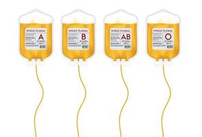 bolsa de sangre de plasma con etiqueta diferente grupo de plasma a, b, o y sistema rh. Ideas de donación de plasma para ayudar a los médicos lesionados. ilustración vectorial 3d eps10 vector