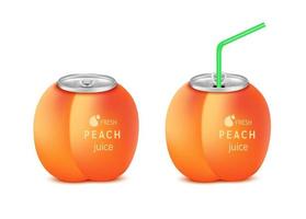 Fresh peach juice soft drink with lid aluminum can and drinking straw. Isolated on a white background. Healthy fruit drink concept. Realistic 3D vector EPS10 illustration.