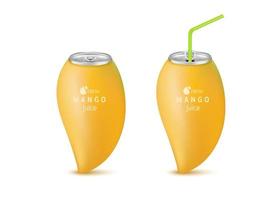 Refresco de jugo de mango fresco con lata de aluminio con tapa y paja para beber. Aislado en un fondo blanco. concepto de bebida de fruta saludable. ilustración vectorial 3d realista eps10. vector