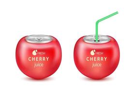 Fresh cherry juice soft drink with lid aluminum can and drinking straw. Isolated on a white background. Healthy fruit drink concept. Realistic 3D vector EPS10 illustration.