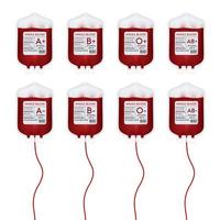 bolsa de sangre roja con etiqueta diferente grupo sanguíneo a, b, o y sistema rh. ideas de donación de sangre para ayudar a los médicos heridos. ilustración vectorial 3d eps10 vector