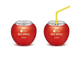 Fresh red apple fruit juice soft drink with lid aluminum can and drinking straw. Isolated on a white background. Healthy fruit drink concept. Realistic 3D vector EPS10 illustration.