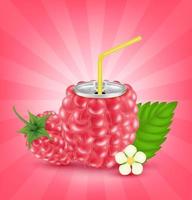 Fresh raspberry juice soft drink with lid aluminum can and drinking straw. Isolated on a red background. Healthy fruit drink concept. Realistic 3D vector EPS10 illustration.