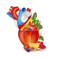 mejor alimento para un corazón sano. nutrientes esenciales para la salud del corazón humano principal. carácter de corazón fuerte. dieta frutas y verduras. conceptos médicos y de salud. aislado sobre fondo blanco vector 3d.