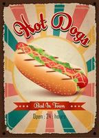 Hot dogs vintage restaurant sign. Fast food vintage poster. Retro design with big hamburger on old metal background red and turquoise colors. Wall decoration printing media. Vector EPS10 illustration.