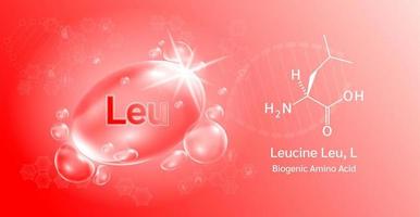 Water drop Important amino acid  Leucine Leu, L and structural chemical formula. Lysine on a red background. Medical and scientific concepts. 3D Vector Illustration.