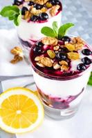 cream dessert with black currants and nuts photo