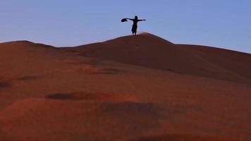 Young beautiful woman in long dress stand on top sand dune spread hand enjoy freedom travel adventure in iran KAshan desert