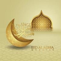 Luxurious and elegant design Eid Al adha greeting with gold color on arabic calligraphy, crescent moon, lantern and textured gate mosque. vector illustration.