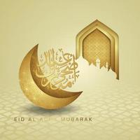 Luxurious and elegant design Eid Al adha greeting with gold color on arabic calligraphy, crescent moon, lantern and textured gate mosque. vector illustration.