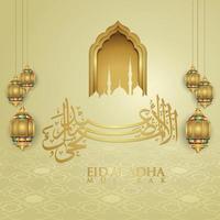 Luxurious and elegant design Eid Al adha greeting with gold color on arabic calligraphy, crescent moon, lantern and textured gate mosque. vector illustration.