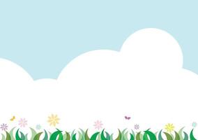 Abstract flowers in the garden with butterflies have clouds and sky background. vector