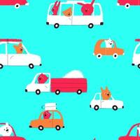 Seamless pattern with cute animals riding on transport vector