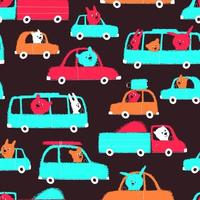 Seamless pattern of vehicles with cute animals driving on a dark background vector