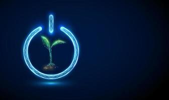 Abstract green young plant in blue power button. vector