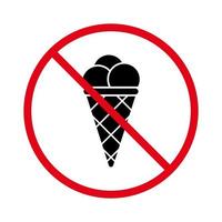 Restricted Eat Food Zone Red Symbol. No Allowed Ice Cream Information Sign. Ban Entry with Ice Cream in Waffle Cone Rule Black Silhouette Icon. Forbid Sundae Pictogram. Isolated Vector Illustration.