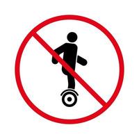 icono de silueta negra de restricción de hoverboard. pictograma de prohibición de giroscooter eléctrico. símbolo de parada roja del scooter giroscópico. no se permite el letrero de hoverboard. hoverboard prohibir. ilustración vectorial aislada. vector