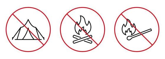 Prohibit Camping Fire Zone. Forbidden Camp Outline Pictogram. Caution Ban Bonfire Matchstick Black Line Icon Set. Wood Match Stick Stop Symbol. No Allowed Flame Sign. Isolated Vector Illustration.