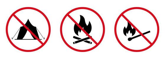 Caution Ban Bonfire Matchstick Black Silhouette Icon Set. Prohibit Camping Fire Zone. Forbidden Camp Area Pictogram. Wood Match Stick Stop Symbol. No Allowed Flame Sign. Isolated Vector Illustration.