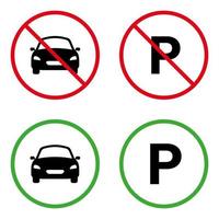 prohibir el pictograma de silueta de coche de estacionamiento. el transporte del vehículo del parque permitió la señal verde de la carretera. icono negro prohibido del coche. atención zona de aparcamiento privado símbolo de parada roja. ilustración vectorial aislada. vector