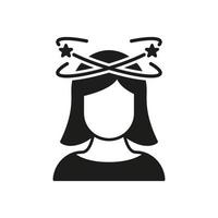 Dizziness, Migraine, Headache, Distracted Head Silhouette Pictogram. Front View. Woman Feel Dizzy Icon. Tired Woman with Nausea Glyph Icon. Isolated Vector Illustration.