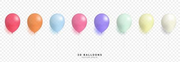 Set of red, orange, blue, pink, purple, green, yellow, white pastel colors balloon with rope. 3d realistic vector illustration
