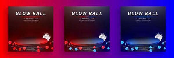 Set of cylinder podium floating with red, blue glowing ball neon on black background for product display. Layout square, Vector illustration