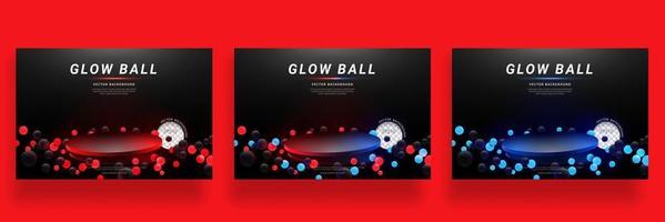 Set of podium floating with red, blue glowing ball neon on black background for product display. Layout horizontal, Vector illustration