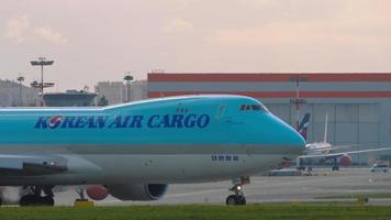 MOSCOW, RUSSIAN FEDERATION SEPTEMBER 12, 2020 - Korean Air Cargo airfreighter Boeing 747 HL7624 taxiing to the runway for departure from Sheremetyevo International airport, SVO UUEE video