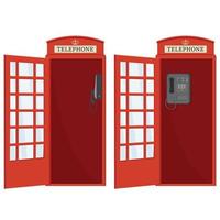 Red telephone booth with open door, color vector isolated cartoon-style illustration