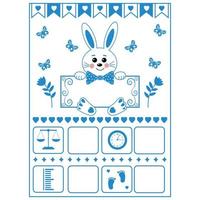 Cartoon template of a child's birth certificate with a hare, metrics. Vector illustration