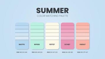 Las paletas de colores o esquemas de colores temáticos de verano son combinaciones de tendencias y guías de paletas de este año, una tabla de tonos de colores en rgb o hexadecimal. una muestra de color para una moda de primavera, un hogar o un diseño de interiores. vector