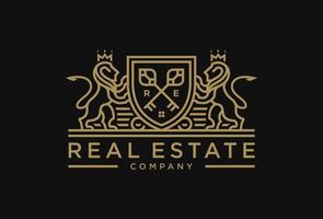Luxury Lion key real estate logo. Elegant heraldic shield crest icon. Vintage royal heraldry brand identity emblem. Vector illustration.