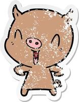 distressed sticker of a happy cartoon pig vector