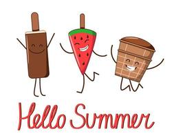 A postcard with the characters of a cheerful ice cream with the inscription hello summer. vector