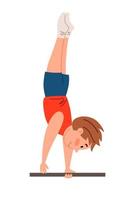 Childrenes sports gymnastics. Handstand on the crossbar. The boy is engaged in acrobatics. vector