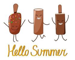 una postal con los personajes de un alegre helado con la inscripción hola verano. vector
