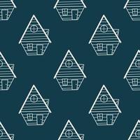 Seamless vector pattern of contour houses in doodle style on a green background.