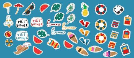 Stickers with a set of summer products and things. Vector illustration in a flat cartoon style.