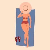 A woman is lying on her back and sunbathing on the sand. vector