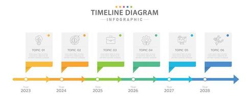 plantilla infográfica para negocios. Calendario de diagrama de línea de tiempo moderno de 6 pasos con temas anuales, infografía vectorial de presentación. vector