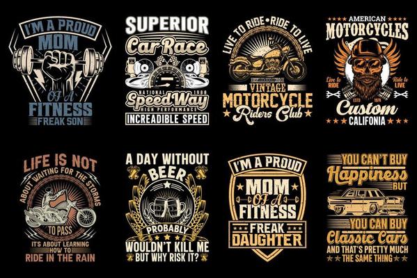 Vintage trendy t-shirt design bundle, classic car, motorcycle, beer, gym t-shirts, vector element