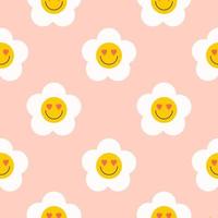 Retro groovy seamless pattern with smiling flowers on a peach background. Cute colorful trendy vector illustration in style 60s, 70s
