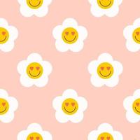 Retro groovy seamless pattern with smiling flowers on a peach background. Cute colorful trendy vector illustration in style 60s, 70s