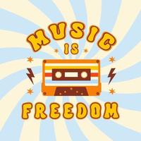 Music is Freedom retro poster with audio cassette on a spiral or swirled radial striped background. Typography groovy slogan print in 70s, 80s vector