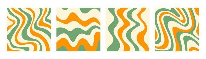 Abstract set square backgrounds with colorful waves. Trendy vector illustration in style retro 60s, 70s. Green, yellow and beige colors