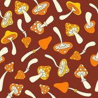 Floral hippie seamless pattern with cute mushrooms on a brown background. Groovy retro vintage print in style 70s, 80s. Vector illustration