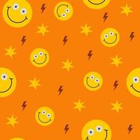 Retro groovy seamless pattern with smiling faces on a orange background. Cute colorful trendy vector illustration in style 60s, 70s